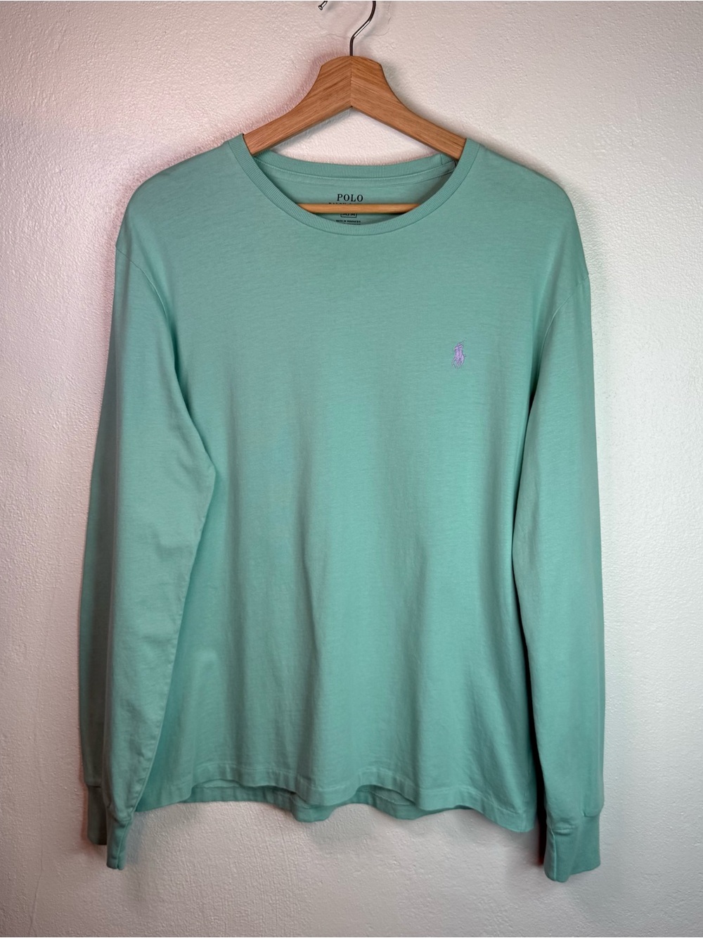 Polo Ralph Lauren Pastel Mint Green Long Sleeve Tee Men’s Medium 100% Cotton